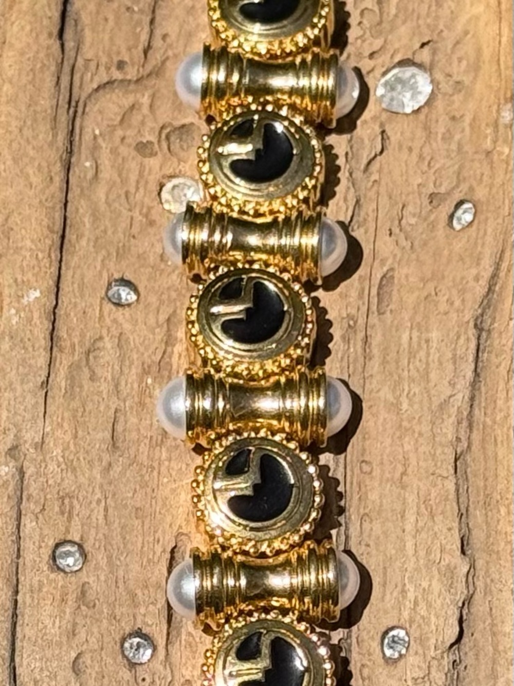 Vintage St. John Gold-Tone, Black Enamel & Pearl Bracelet - Picture 2 of 4